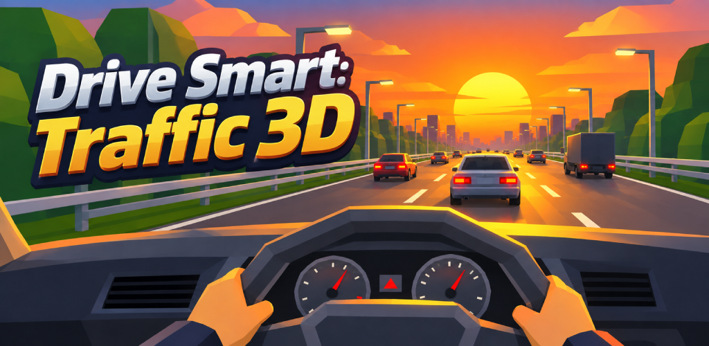 Drive Smart: Traffic 3D official artwork showing a cockpit view of a sunset highway